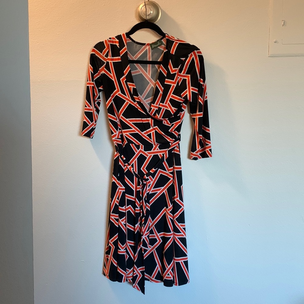 Maude Black and Orange Abstract Geometric Faux Wrap Dress